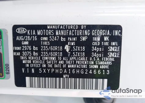 2017 Kia Sorento 2.0T Ex из США, поврежденный, VIN 5XYPHDA16HG246613